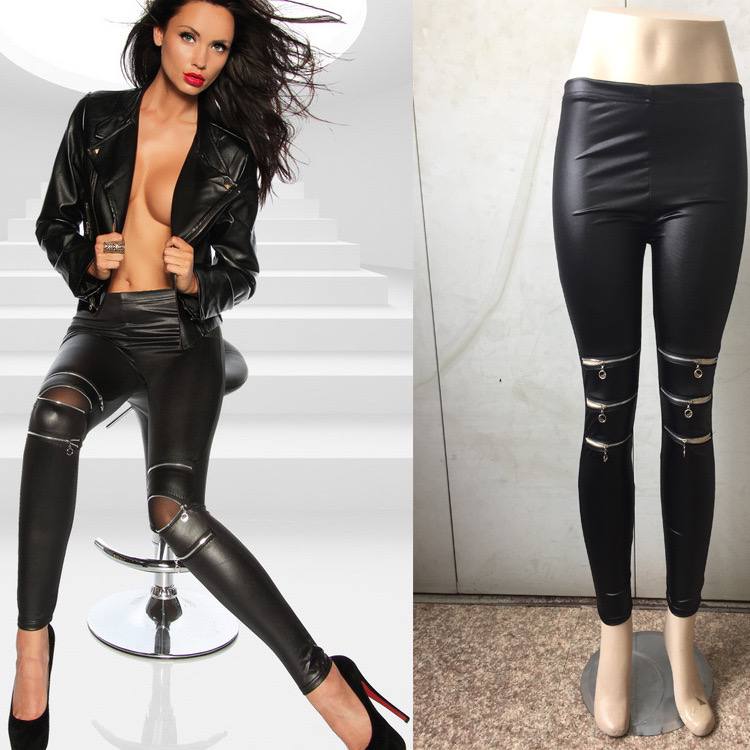 Стильные узкие кожаные брюки с тремя молниями на коленях — модный и выразительный вариант из искусственной кожи с акцентом на декоративные молнии, подчёркивающие коленную зону.