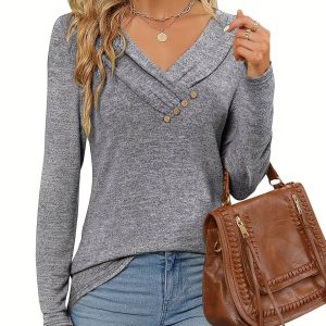 Женская блузка с V-образным вырезом и пуговицами — стильная, с длинным рукавом, удобна для повседневной носки.