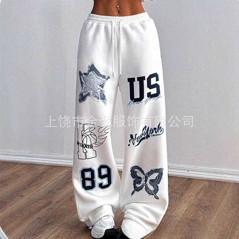 Женские прямые спортивные брюки 2025 года — свободный крой, модный принт, шнурок на талии.