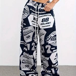 Женские свободные длинные брюки в уличном стиле, с карманами и принтом.