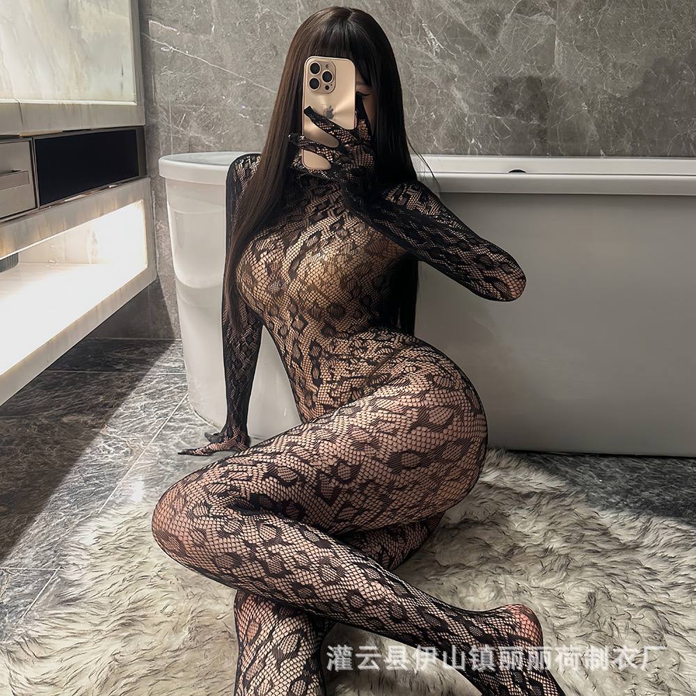 Сексуальный сетчатый комбинезон с высоким воротником и открытой спиной, облегающий, с ажурным узором.